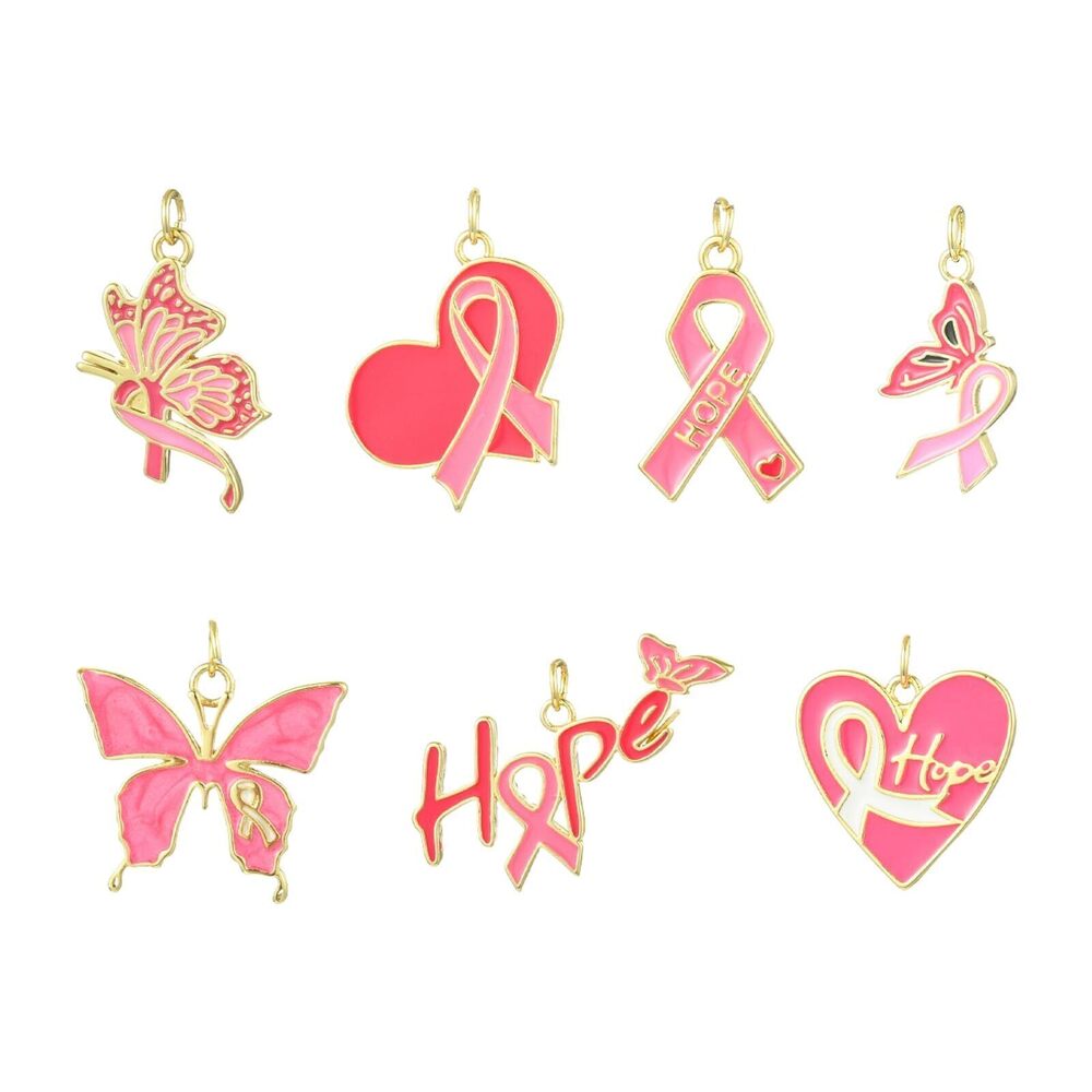 5316 7Pcs Pink Breast Cancer Awareness Ribbon Charm Enamel Brass Hope